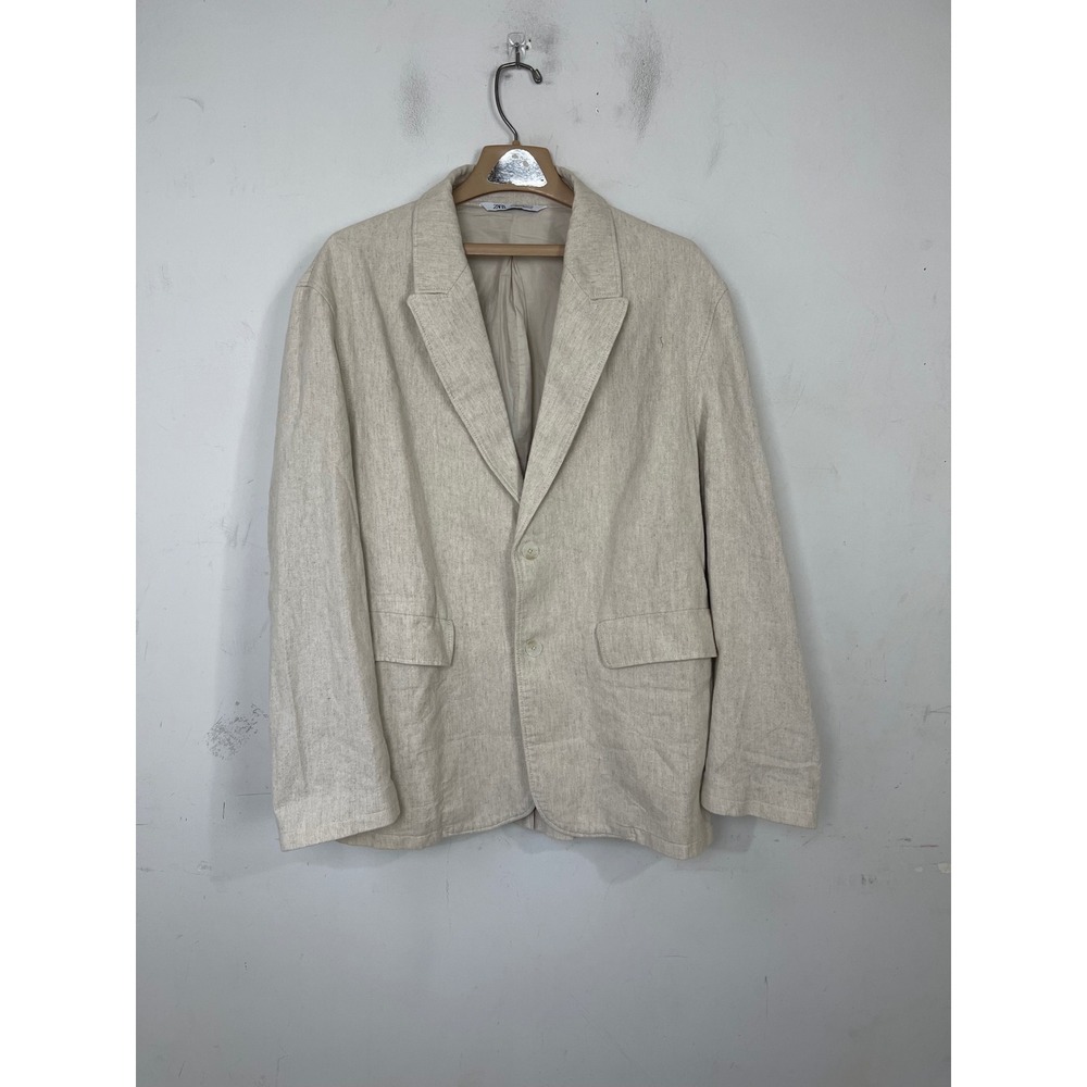 Zara Mens XL Beige Cotton Linen Blend Two Button Blazer Jacket Sport Coat